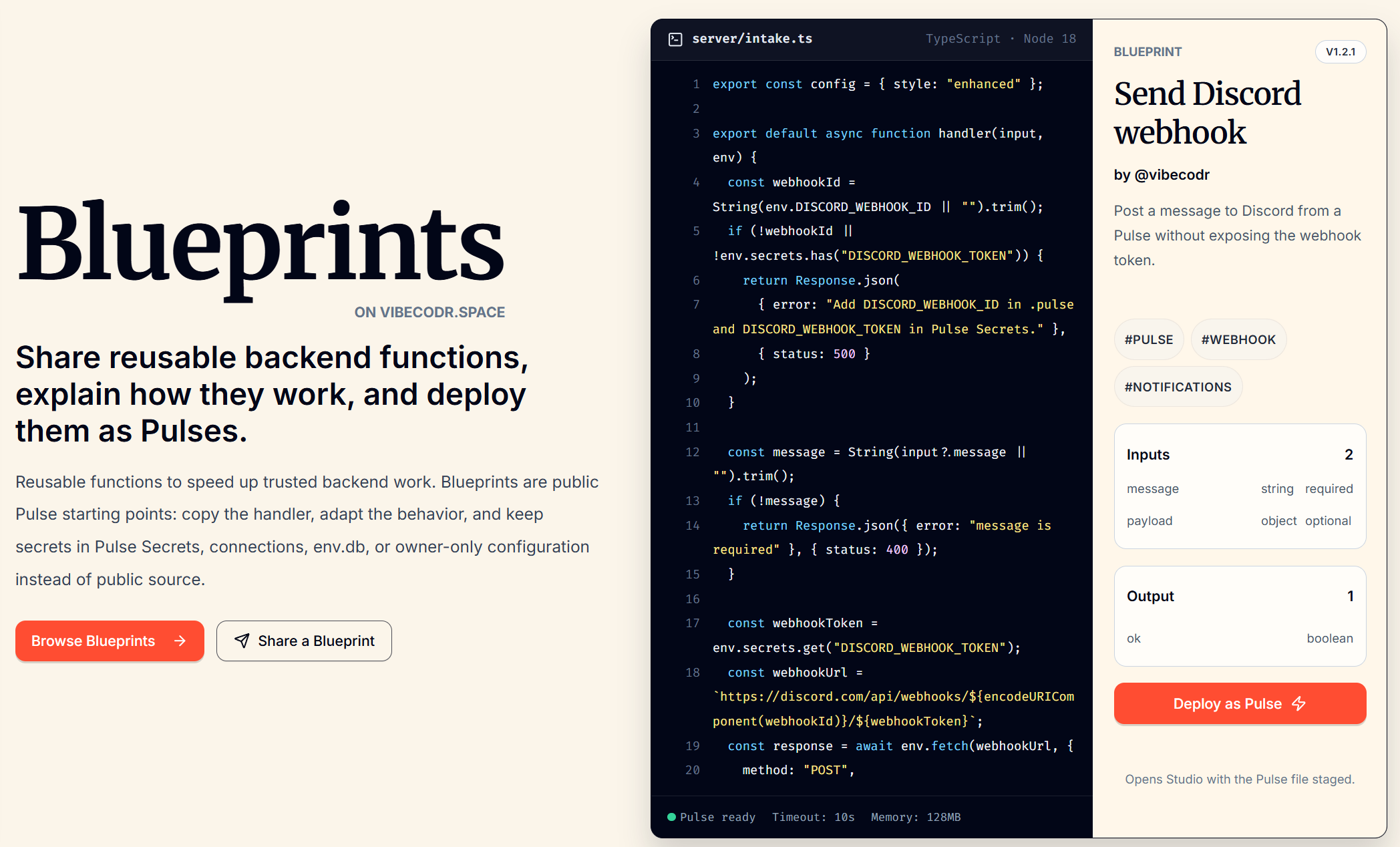 Vibecodr Blueprints page with Send Discord webhook Pulse source and deployment controls.